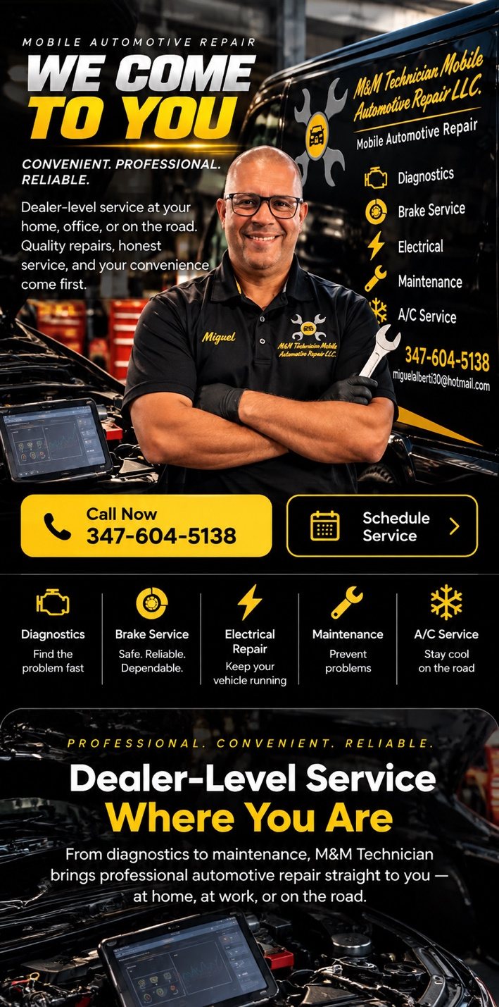 Mobile format of M&M Technician's approved We Come To You promotion with Miguel, a mobile repair van, phone number and service list.