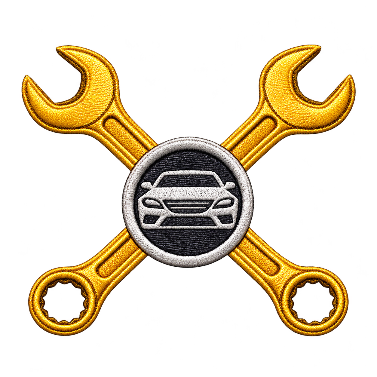 M&M mobile automotive repair emblem with a car and crossed wrenches